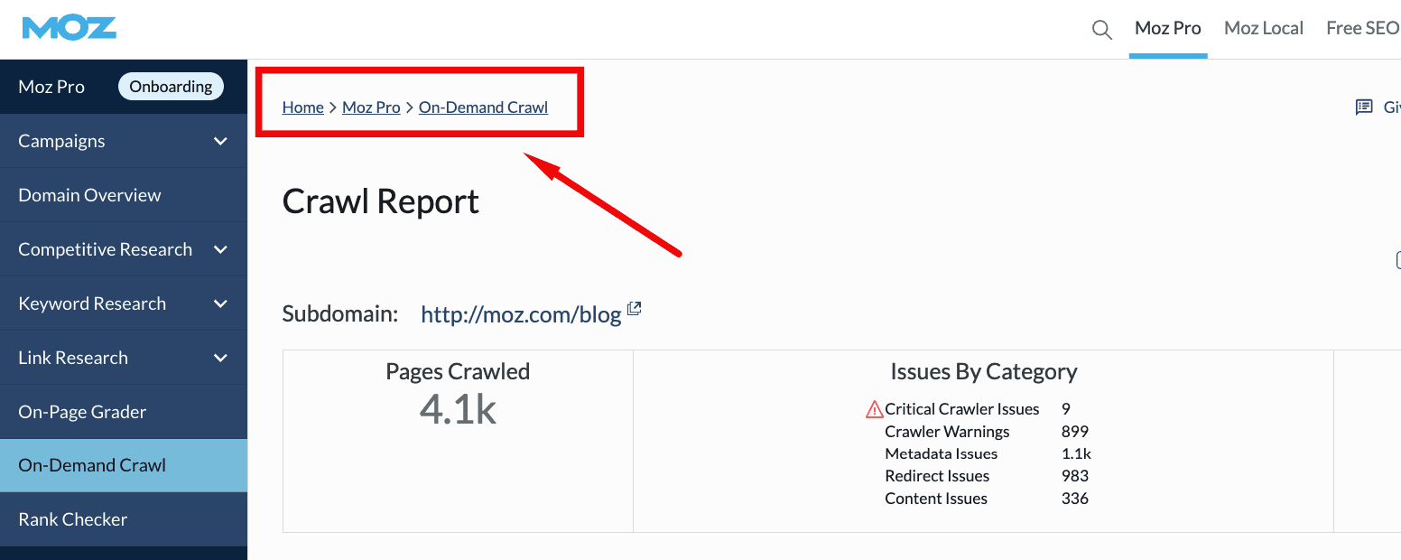 Moz Pro site crawl report