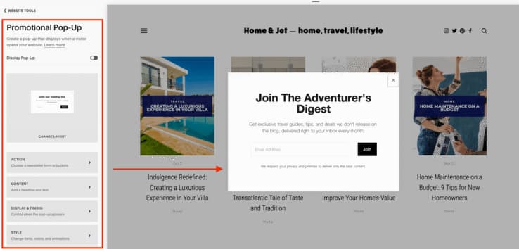 Screenshot of Squarespace's promotional pop-up settings on the Home & Jet website